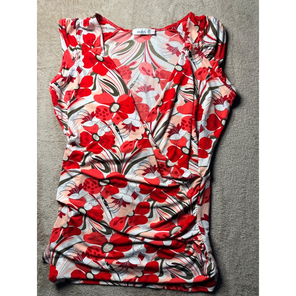 Ricki's Red Floral Surplice V-Neck‎ Ruched Top Large Office Siren Layering